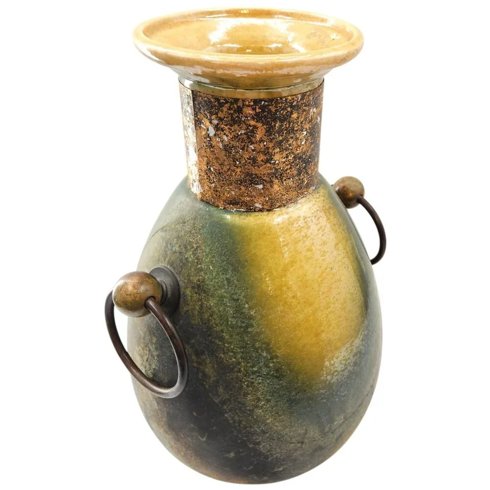 Vtg. Tony Evans Large Raku Vase Brass Handles Signed Spotted Glaze Metal Collar